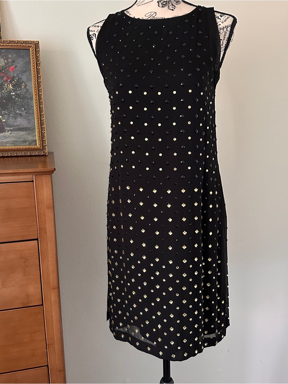 Diane Von Furstenberg Black Midi Dress with Gold Studs